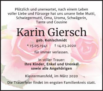Traueranzeige von Karin Giersch von Super Sonntag Mansfelder Land
