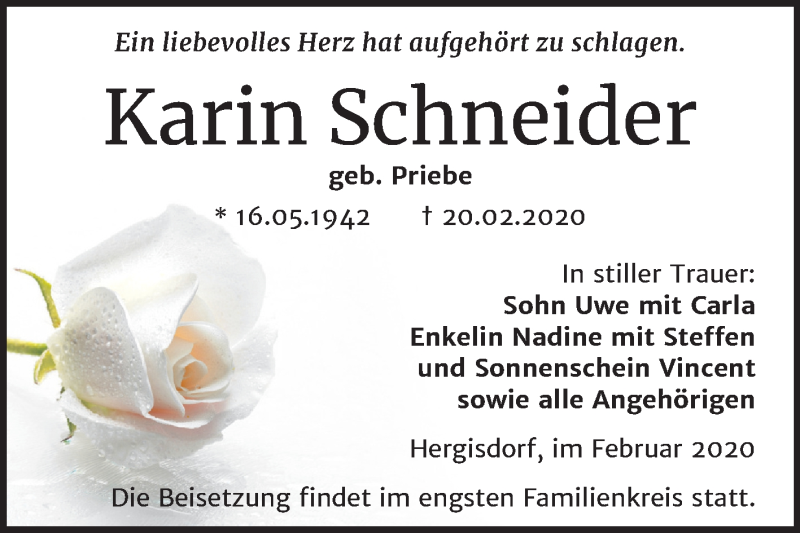  Traueranzeige für Karin Schneider vom 04.03.2020 aus Wochenspiegel Mansfelder Land