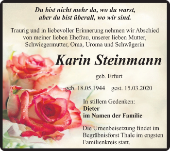 Traueranzeige von Karin Steinmann von Super Sonntag Quedlinburg