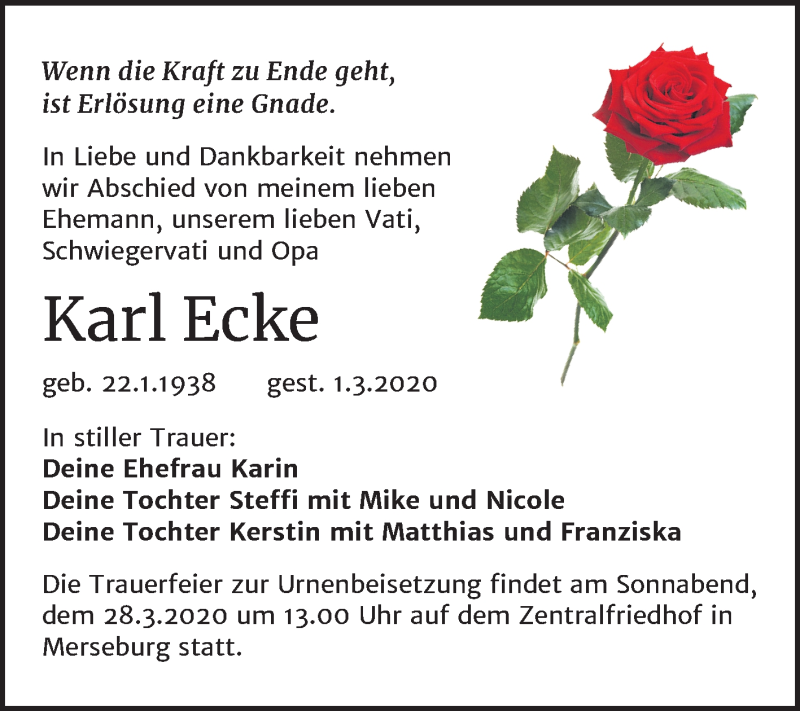  Traueranzeige für Karl Ecke vom 14.03.2020 aus Mitteldeutsche Zeitung Merseburg/Querfurt
