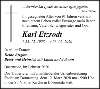 Traueranzeige von Karl Etzrodt von Super Sonntag Sangerhausen