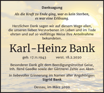 Traueranzeige von Karl-Heinz Bank von Super Sonntag Dessau-Roßlau