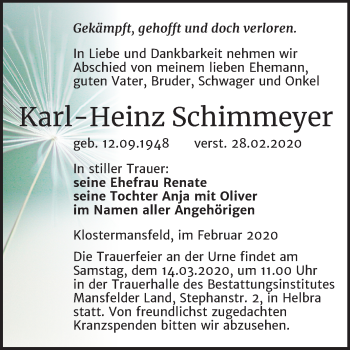 Traueranzeige von Karl-Heinz Schimmeyer von Mitteldeutsche Zeitung Mansfelder Land
