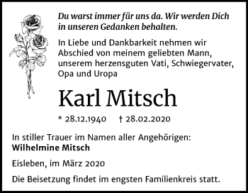 Traueranzeige von Karl Mitsch von Super Sonntag Mansfelder Land