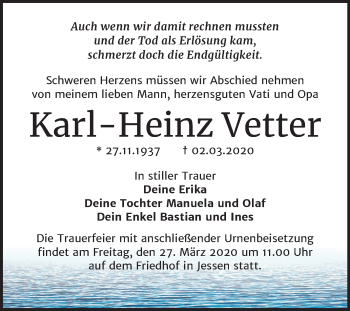 Traueranzeige von Karl Heinz Vetter von Mitteldeutsche Zeitung Wittenberg