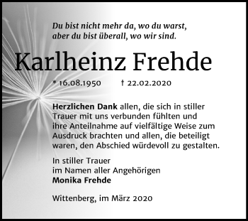 Traueranzeige von Karlheinz Frehde von Mitteldeutsche Zeitung Wittenberg