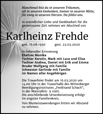 Traueranzeige von Karlheinz Frehde von Super Sonntag Wittenberg