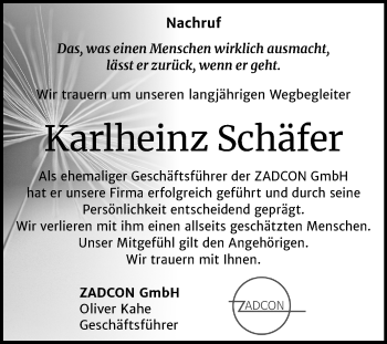 Traueranzeige von Karlheinz Schäfer von Wochenspiegel Dessau-Roßlau