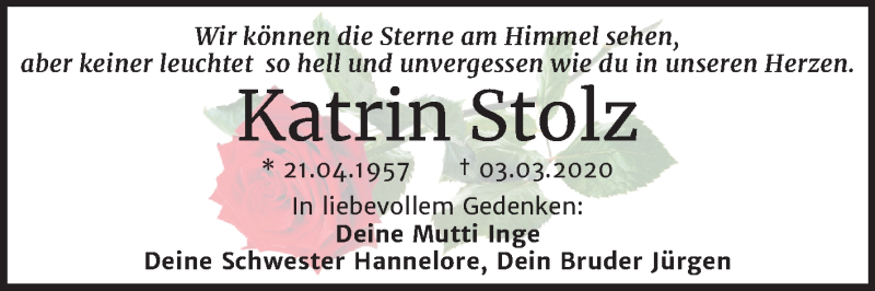  Traueranzeige für Katrin Stolz vom 28.03.2020 aus Mitteldeutsche Zeitung Quedlinburg