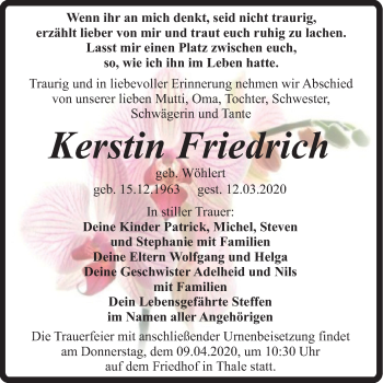 Traueranzeige von Kerstin Friedrich von Super Sonntag Quedlinburg