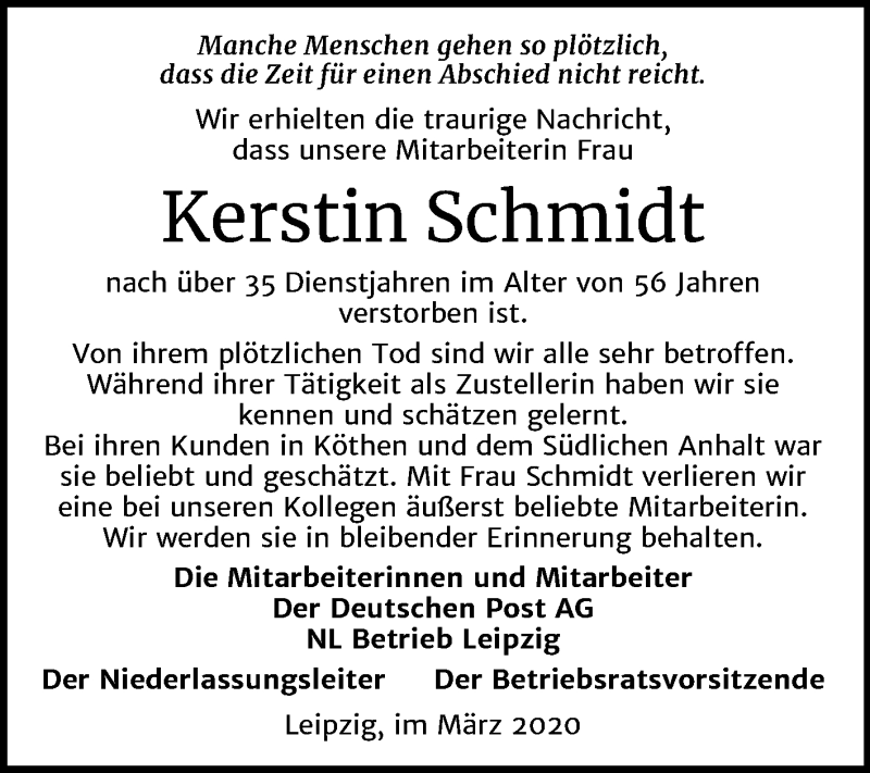  Traueranzeige für Kerstin Schmidt vom 14.03.2020 aus Mitteldeutsche Zeitung Köthen