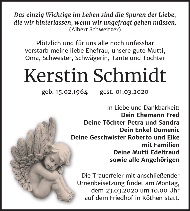  Traueranzeige für Kerstin Schmidt vom 07.03.2020 aus Super Sonntag Köthen