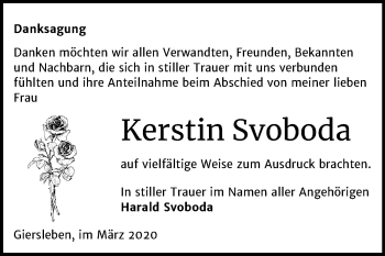 Traueranzeige von Kerstin Svoboda von Super Sonntag Aschersleben