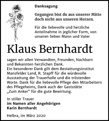 Traueranzeige von Klaus Bernhardt von Mitteldeutsche Zeitung Mansfelder Land
