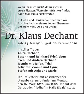 Traueranzeige von Klaus Dechant von Mitteldeutsche Zeitung Mansfelder Land