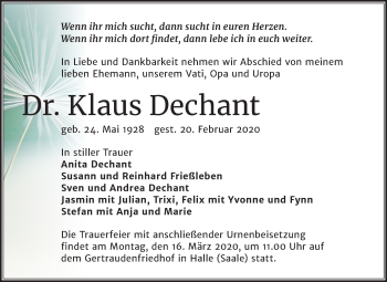 Traueranzeige von Klaus Dechant von Mitteldeutsche Zeitung Halle/Saalkreis