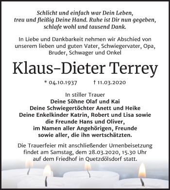 Traueranzeige von Klaus-Dieter Terrey von Wochenspiegel Bitterfeld