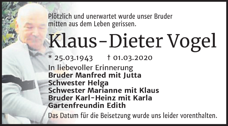  Traueranzeige für Klaus-Dieter Vogel vom 14.03.2020 aus Super Sonntag Dessau-Roßlau