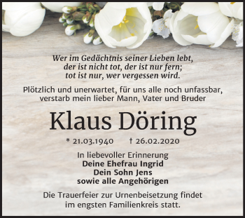 Traueranzeige von Klaus Döring von Super Sonntag Mansfelder Land