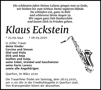 Traueranzeige von Klaus Eckstein von Mitteldeutsche Zeitung Merseburg/Querfurt