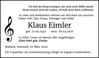 Traueranzeige von Klaus Eimler von Mitteldeutsche Zeitung Mansfelder Land