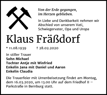 Traueranzeige von Klaus Fräßdorf von Super Sonntag Bernburg