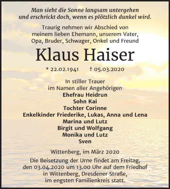 Traueranzeige von Klaus Haiser von Mitteldeutsche Zeitung Wittenberg