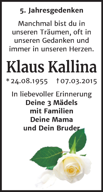 Traueranzeige von Klaus Kallina von Mitteldeutsche Zeitung Wittenberg