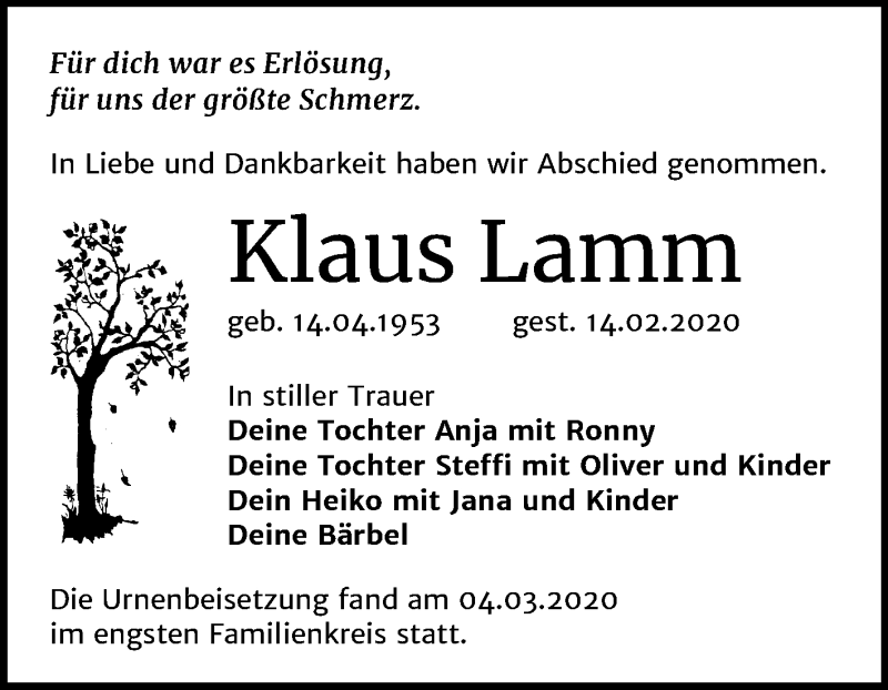  Traueranzeige für Klaus Lamm vom 14.03.2020 aus Mitteldeutsche Zeitung Wittenberg