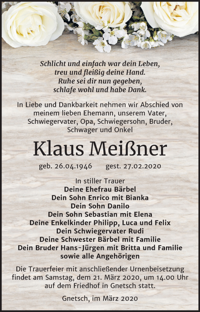  Traueranzeige für Klaus Meißner vom 06.03.2020 aus Mitteldeutsche Zeitung Köthen