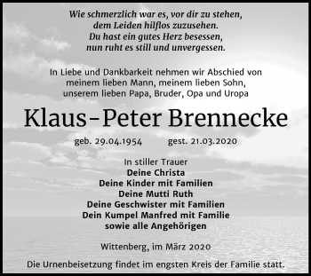 Traueranzeige von Klaus-Peter Brennecke von Mitteldeutsche Zeitung Wittenberg