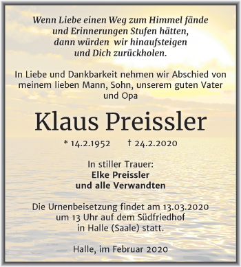 Traueranzeige von Klaus Preissler von Mitteldeutsche Zeitung Halle/Saalkreis