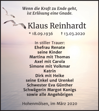 Traueranzeige von Klaus Reinhardt von Mitteldeutsche Zeitung Weißenfels