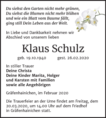 Traueranzeige von Klaus Schulz von Super Sonntag Wittenberg
