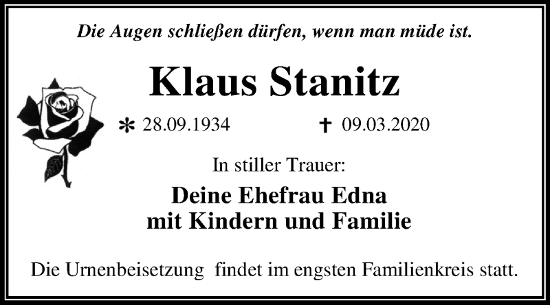  Traueranzeige für Klaus Stanitz vom 21.03.2020 aus Mitteldeutsche Zeitung Wittenberg