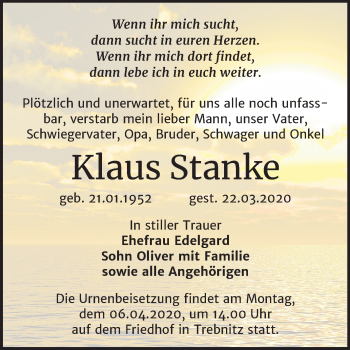 Traueranzeige von Klaus Stanke von Mitteldeutsche Zeitung Bernburg / Halle/Saalkreis