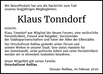 Traueranzeige von Klaus Tonndorf von Wochenspiegel Dessau-Roßlau