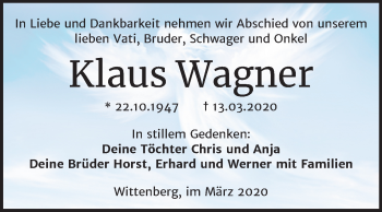 Traueranzeige von Klaus Wagner von Mitteldeutsche Zeitung Wittenberg
