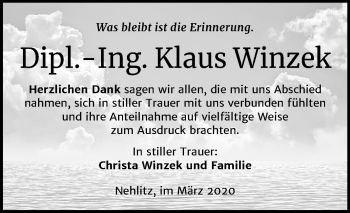 Traueranzeige von Klaus Winzek von Mitteldeutsche Zeitung Halle/Saalkreis