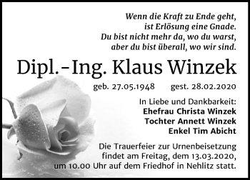 Traueranzeige von Klaus Winzek von Mitteldeutsche Zeitung Halle/Saalkreis