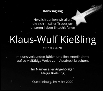 Traueranzeige von Klaus-Wulf Kießling von Mitteldeutsche Zeitung Quedlinburg