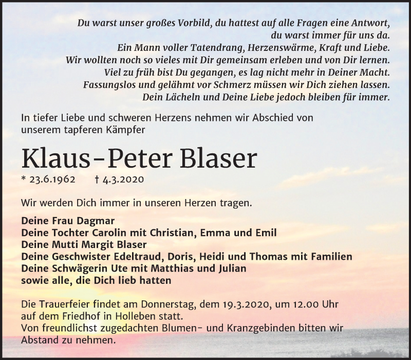  Traueranzeige für Klaus-Peter Blaser vom 14.03.2020 aus Super Sonntag Mansfelder Land