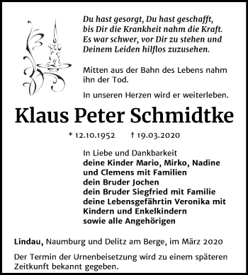 Traueranzeige von Klaus Peter Schmidtke von Mitteldeutsche Zeitung Naumburg/Nebra