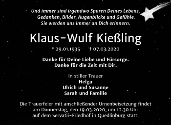 Traueranzeige von Klaus Wulf Kießling von Mitteldeutsche Zeitung Quedlinburg