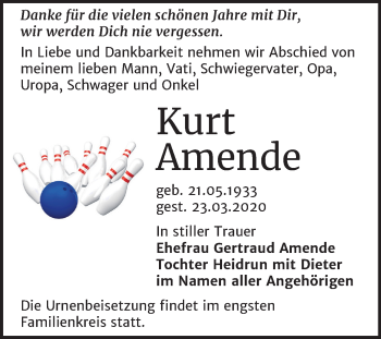 Traueranzeige von Kurt Amende von Mitteldeutsche Zeitung Halle/Saalkreis