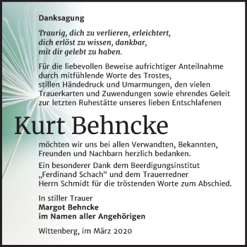 Traueranzeige von Kurt Behncke von Mitteldeutsche Zeitung Wittenberg