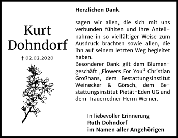 Traueranzeige von Kurt Dohndorf von Mitteldeutsche Zeitung Bernburg