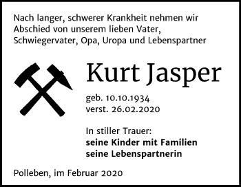 Traueranzeige von Kurt Jasper von Wochenspiegel Mansfelder Land