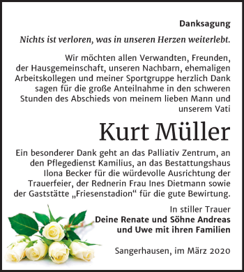 Traueranzeige von Kurt Müller von Mitteldeutsche Zeitung Sangerhausen