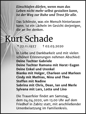 Traueranzeige von Kurt Schade von Super Sonntag Köthen
